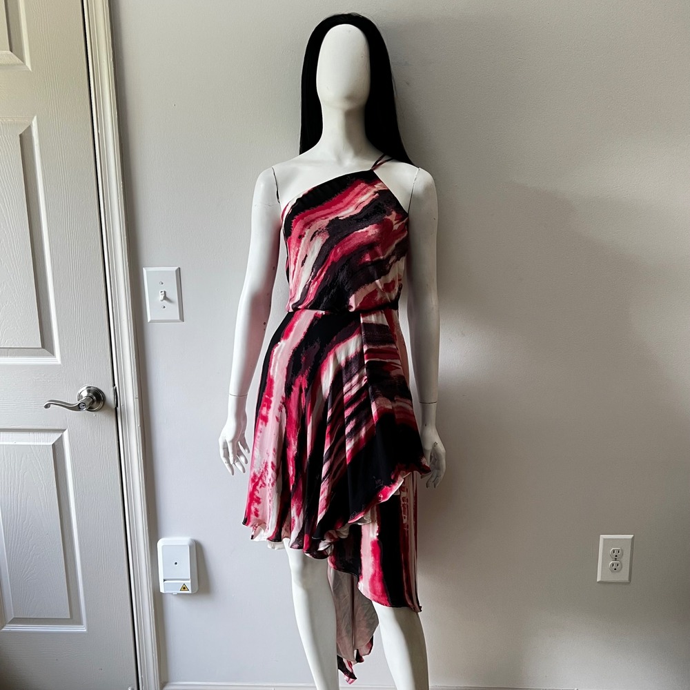 Halston Heritage 100% Silk One Shoulder Cascade Dress Abstract Print XXS
